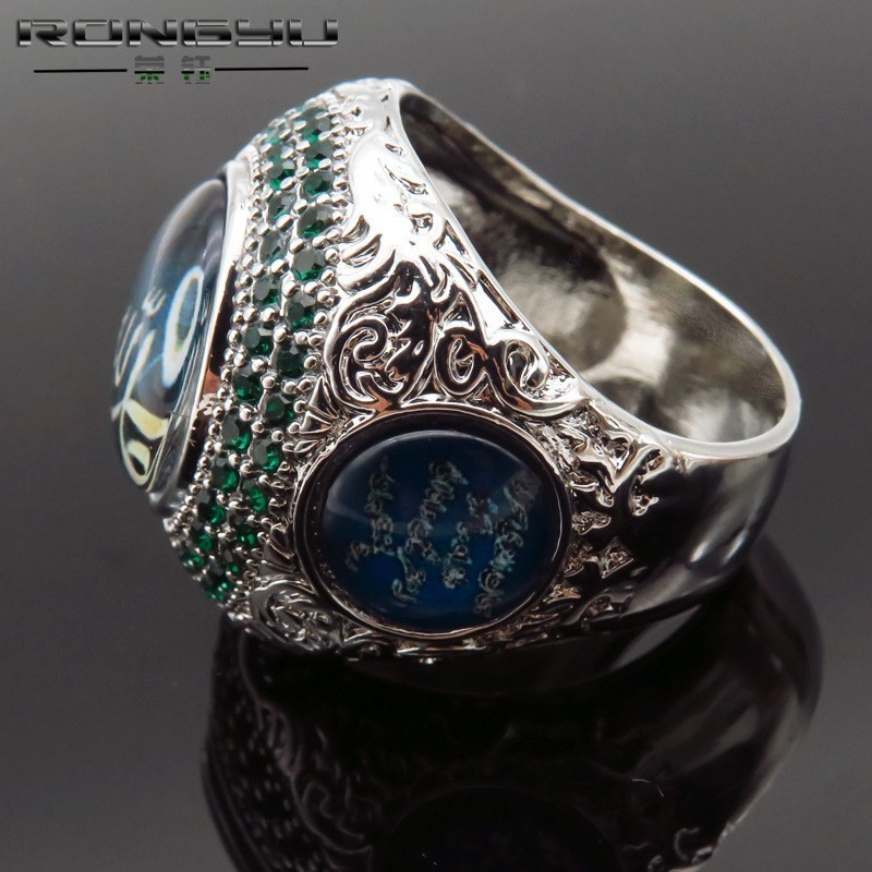 Arabic Scripture Diamond Lucky Stone Exaggerated Islamic Ring Allah Muslim Emerald Art Rings for Men