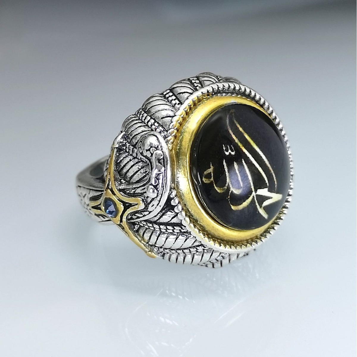 Arabic Scripture Diamond Lucky Stone Exaggerated Islamic Ring Allah Muslim Emerald Art Rings for Men