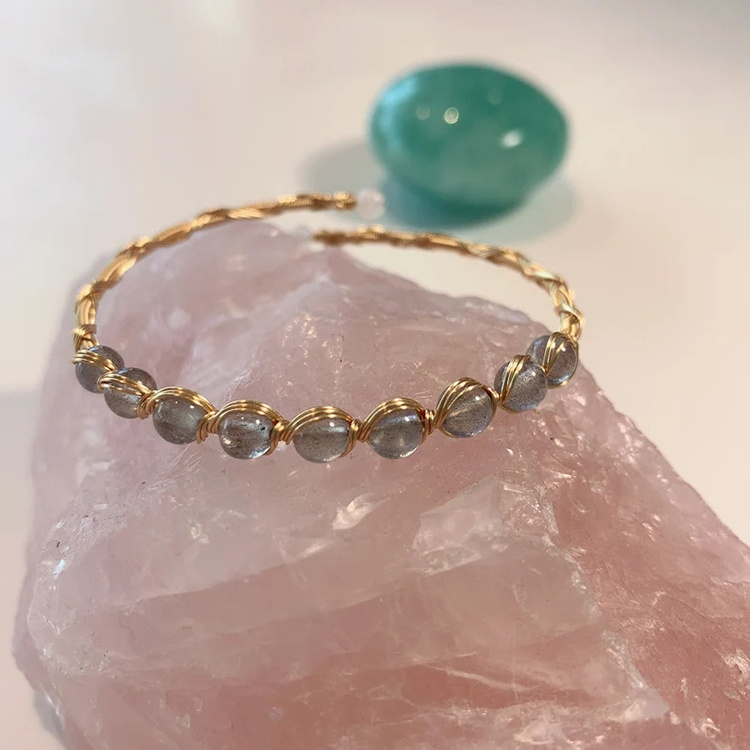 Natural Stone Bracelet Women Custom 14K Gold Hand Made Winding Bead Bangle Handmade Jewelry Opening Crystal Bracelet