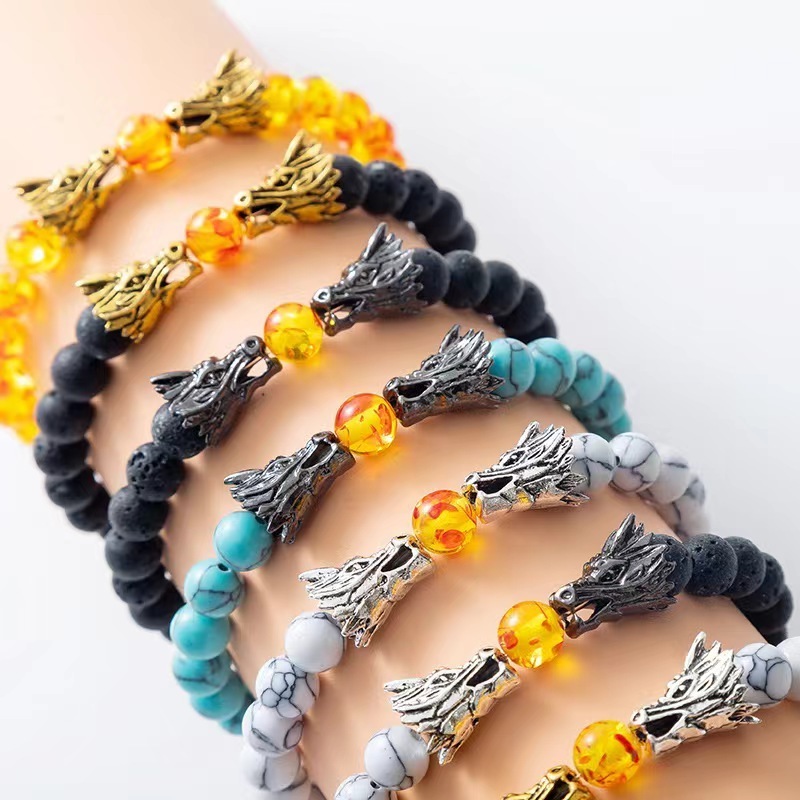 Buddha Dragon Bead Bracelet For Women Natural Black Lava & White Howlite Stone Beads Bracelet Pulseira Masculina Mens Jewelry