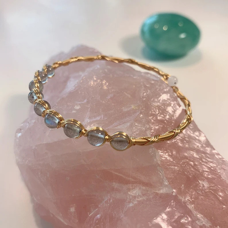 Natural Stone Bracelet Women Custom 14K Gold Hand Made Winding Bead Bangle Handmade Jewelry Opening Crystal Bracelet