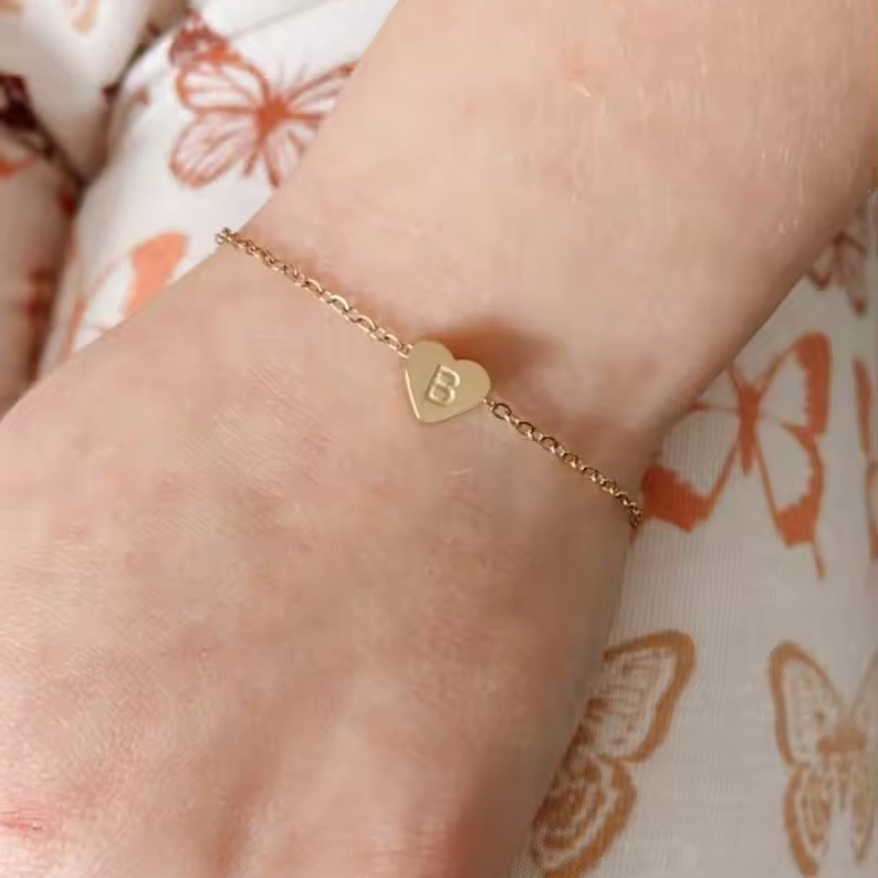 Personalized 18K Gold Stainless Steel Child Bracelet Sister Gift, Custom Engraved Tiny Heart Initial Bracelet