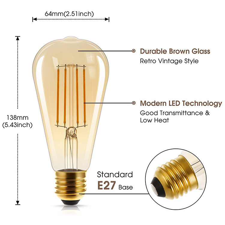 Vintage edison led bulb 60 Watt Equivalent Eye Protection  with 95+ CRI Non-Dimmable Warm White 2700K Antique Filament bulb