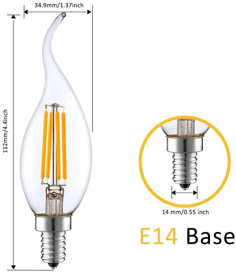 Dimmable E12 Candelabra LED Bulbs 6W (60W Equivalent),4000K Daylight,600LM Ceiling Fan led filament bulb c35 Chandelier Light