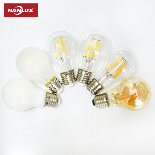 Hanlux 9 watt dc led filament bulb hotsale a60 6w 8w 230v 110v e27 filament bulb twin e27 led bulb lamp edison 4w amber glass