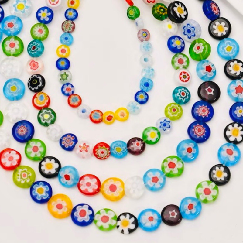 6/8/10/12mm Flat Round Loose Lampwork Glass Beads  Millefiori Flower Glass Beads for DIY Jewelry Making