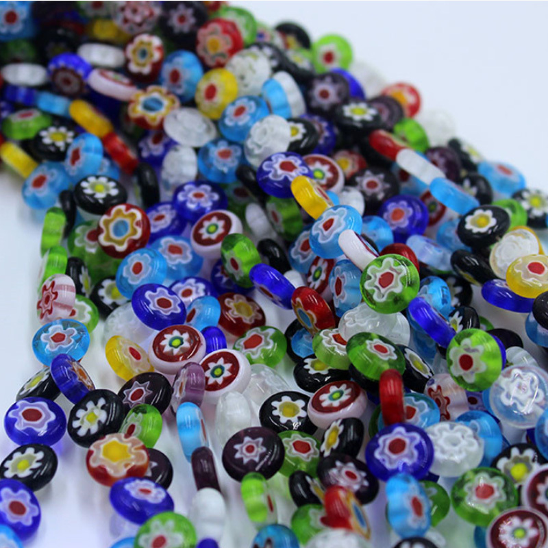 6/8/10/12mm Flat Round Loose Lampwork Glass Beads  Millefiori Flower Glass Beads for DIY Jewelry Making