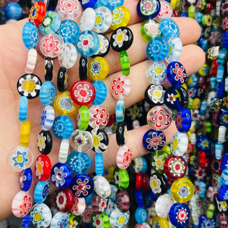 6/8/10/12mm Flat Round Loose Lampwork Glass Beads  Millefiori Flower Glass Beads for DIY Jewelry Making