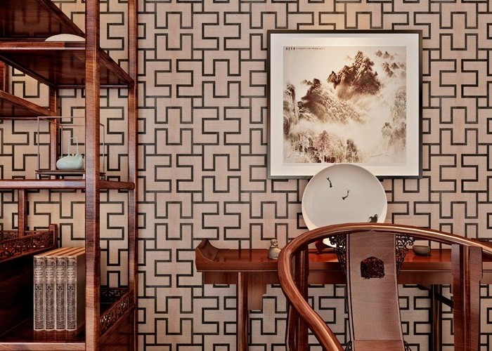 Chinese style beautiful pattern stereo grid coffee color wallpaper