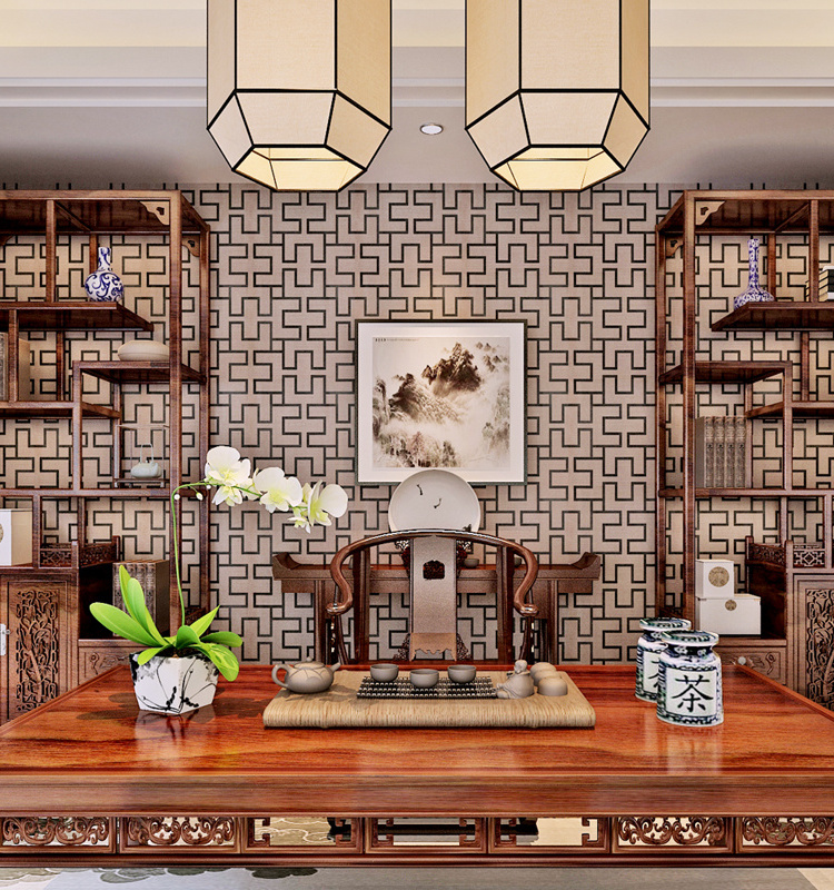 Chinese style beautiful pattern stereo grid coffee color wallpaper