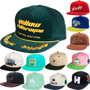 5 panel vintage flat bill green unstructured corduroy rope 3d embroidery logo snapback hat hats caps wholesale cap