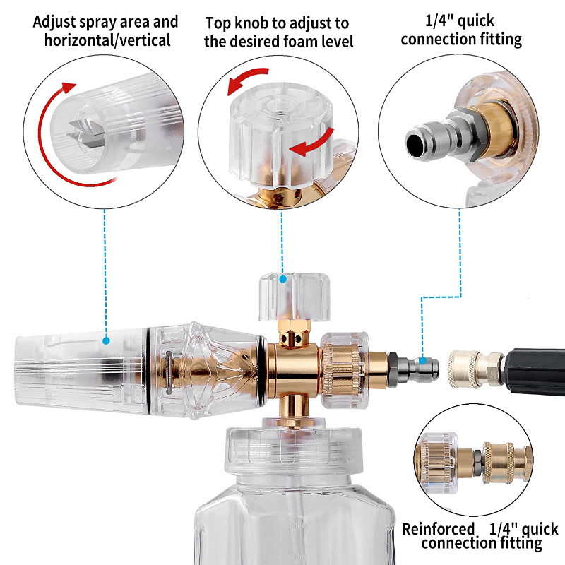 Foam Cannon - Pressure Washer Gun with 1/4 Inch Quick Connect and Adjustable Nozzle Car Wash Sprayer with 1 L Bottle,