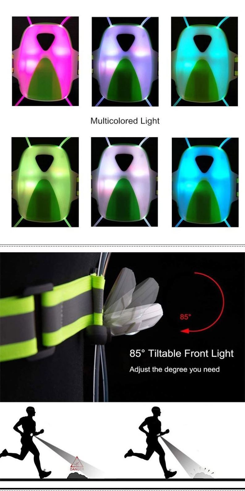 LED outdoor sport  wearable flashlight waterproof USB rechargeable cycling safety vest warning night trail running light vest