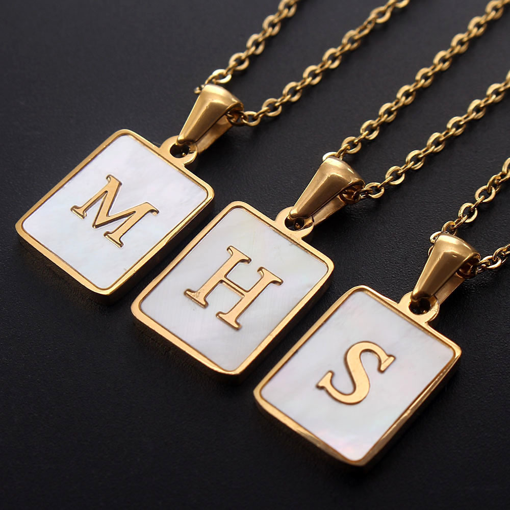 High quality 18K Gold Stainless Steel Letter A-Z Initial Necklace For Women White Rectangle Shell Alphabet Pendant Necklace