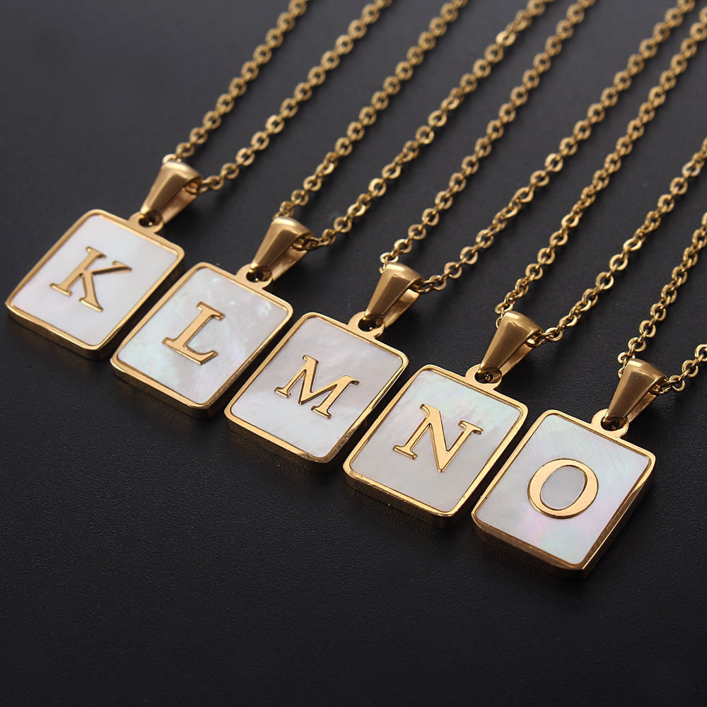 High quality 18K Gold Stainless Steel Letter A-Z Initial Necklace For Women White Rectangle Shell Alphabet Pendant Necklace