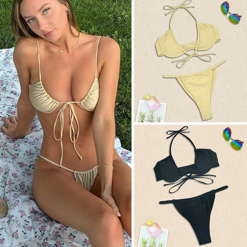 Solid Color Beach Bikinis Set G Strings Thong Bathing Suit 2023 Fashion Hot Sale New Arrivals Women Sexy Bikini Sportswear Print