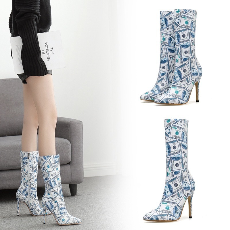 Sexy High Heels Women Money Printed Fall Winter Mid Tube Boot Side Zipper Fashion Shoes Pointed Toe Dollars Ankle Boots