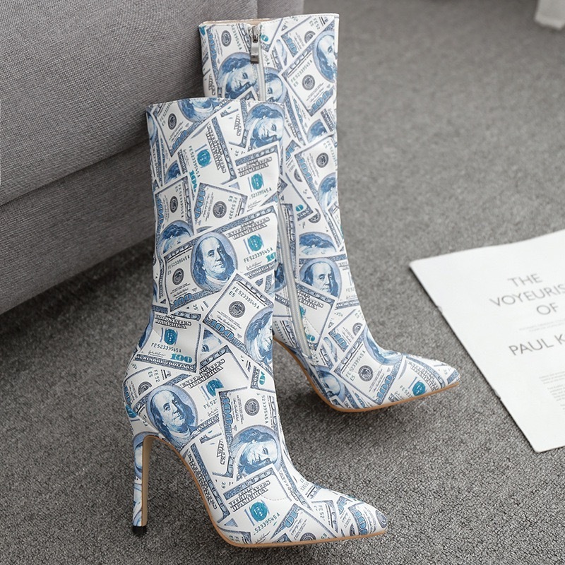 Sexy High Heels Women Money Printed Fall Winter Mid Tube Boot Side Zipper Fashion Shoes Pointed Toe Dollars Ankle Boots