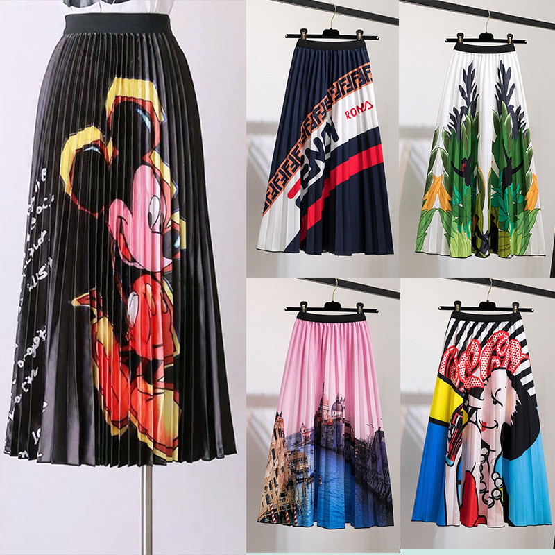 2022 Pleated Skirt Women Summer  New  Print Cartoon Pattern  Elastic Women Skirts Big Swing Party Holiday High Waist Skirts