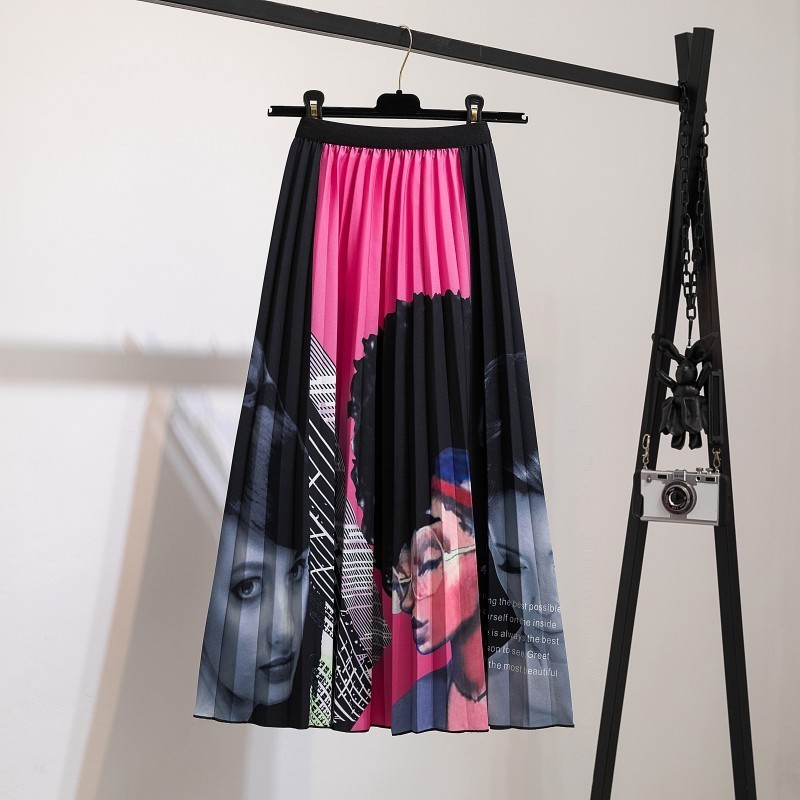 2022 Pleated Skirt Women Summer  New  Print Cartoon Pattern  Elastic Women Skirts Big Swing Party Holiday High Waist Skirts