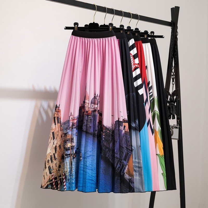 2022 Pleated Skirt Women Summer  New  Print Cartoon Pattern  Elastic Women Skirts Big Swing Party Holiday High Waist Skirts