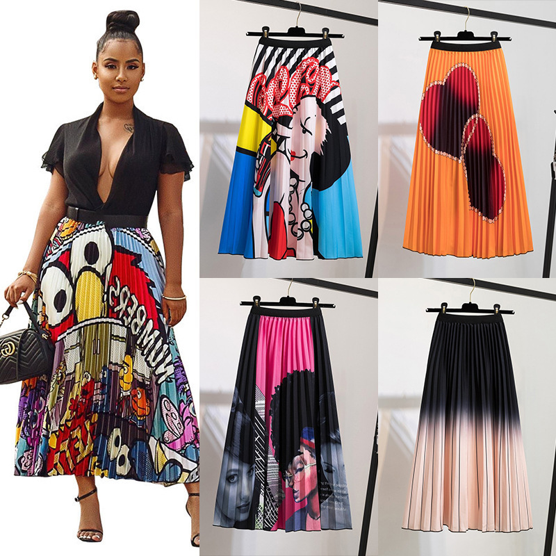 2022 Pleated Skirt Women Summer  New  Print Cartoon Pattern  Elastic Women Skirts Big Swing Party Holiday High Waist Skirts