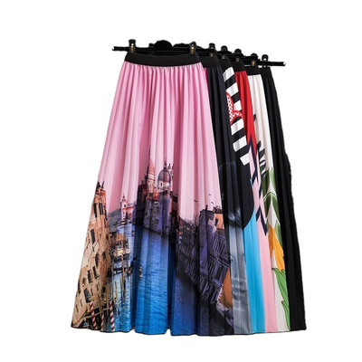 2022 Pleated Skirt Women Summer  New  Print Cartoon Pattern  Elastic Women Skirts Big Swing Party Holiday High Waist Skirts