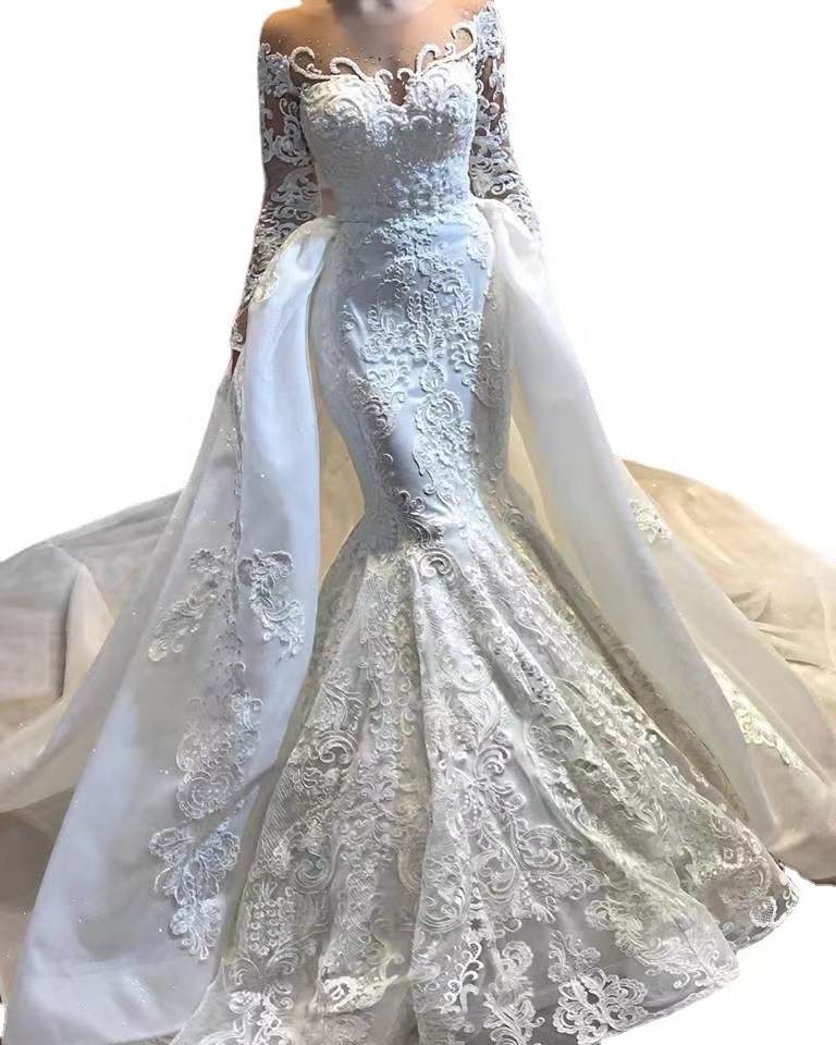 2022 New  2 Pieces Mermaid Wedding Dresses With Detachable Train Full Sleeves Big Bow Beaded Bridal Gowns Button