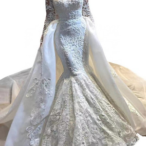 2022 New  2 Pieces Mermaid Wedding Dresses With Detachable Train Full Sleeves Big Bow Beaded Bridal Gowns Button