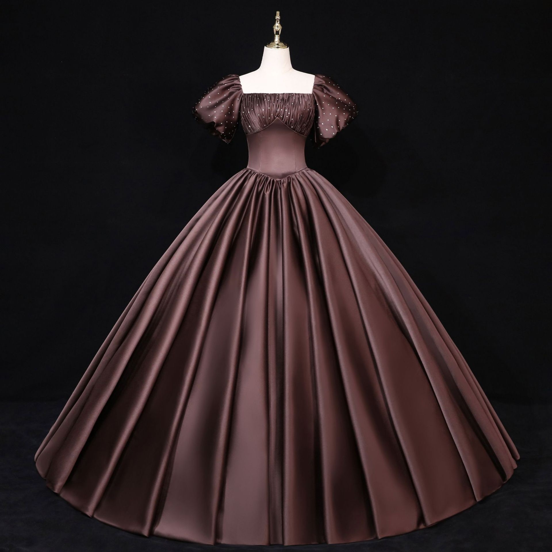 Satin High Quality Puff Sleeve Wedding Dress With Pannier Brown Nude Ball Gown Corset Party Dress Prom Luxury Quinceanera Dress