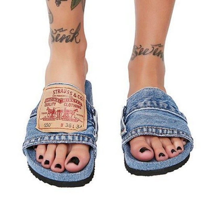 Summer Women's Sandals Round Toe Open Toe Non-slip Wear-resistant Denim Flat Shoes Casual Fashion Indoor Slippers Beach Shoes