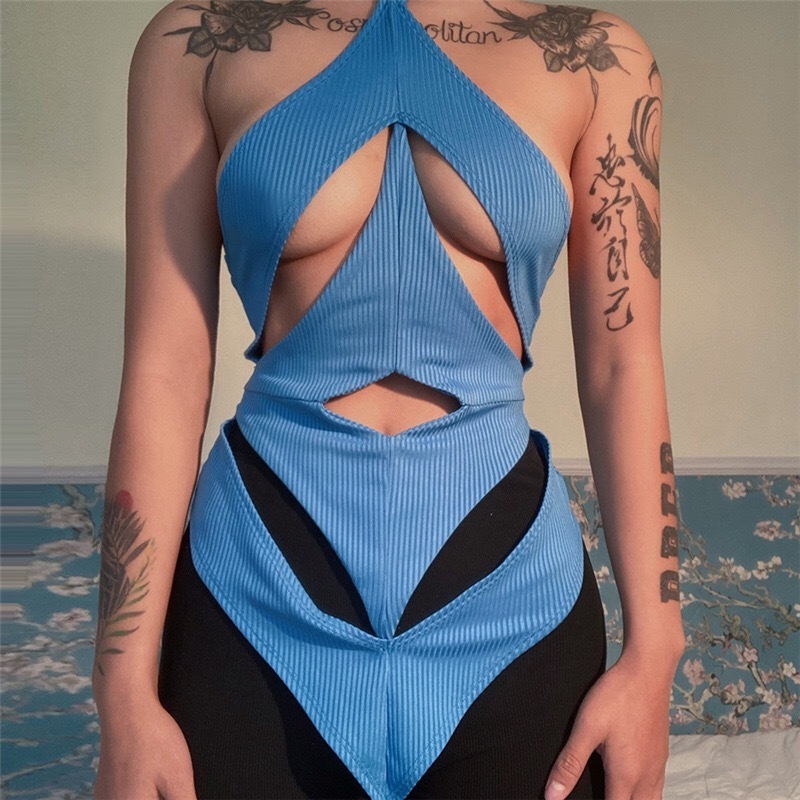 Goth Women Crop Top Unique Irregular Shape Cut Out Sexy Hollow Out Cleavage High Street Halter Wear Hipster V-Shape 2022