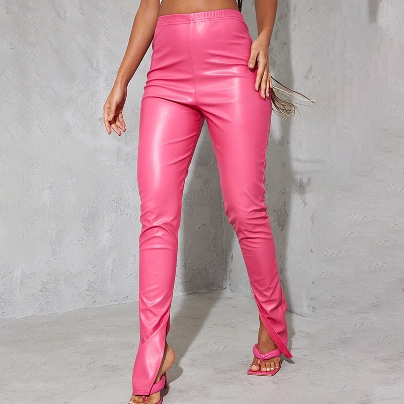 Women Sexy Faux PU Leather High Waist Long Pants With Holes Sexy Split Hem Black Pink Trousers Flare Leggings Pant