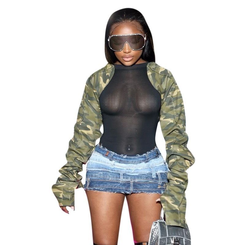 New Sexy Sheer Mesh Patchwork Camo Print Camouflage See Through Bodysuit Skinny Party Night Playsuit Streetwear Women Jumpsuits