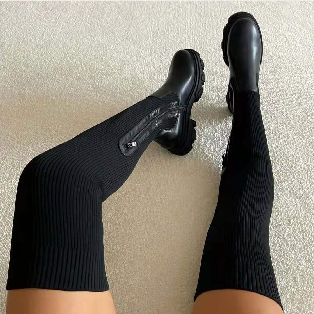 2021 Female Winter Boots Flats Shoes Thick Sole Boots Autumn  Breathable Knitting Upper Women Thigh High Boots Stretch Round Toe