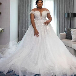 Luxury Wedding Dresses for Bride 2024 Sheer Neck Lace up Back Major Beading Sequins Pearls Plus Size Women African Bridal Gowns