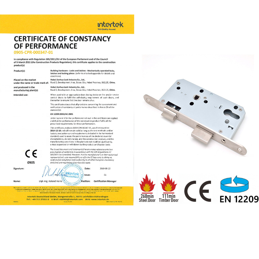 DIN EN 12209 mortise lock set with European standard cylinder and door lever handles 60mm backset