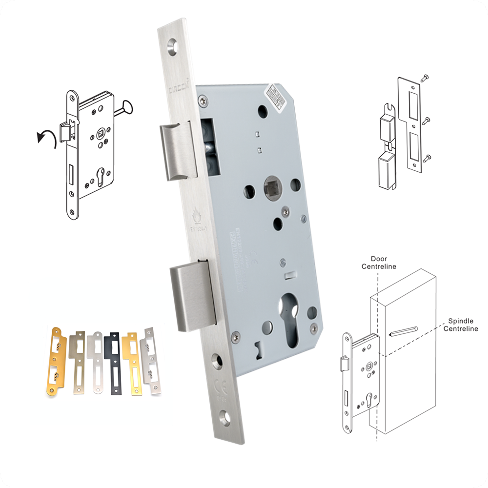 DIN EN 12209 mortise lock set with European standard cylinder and door lever handles 60mm backset