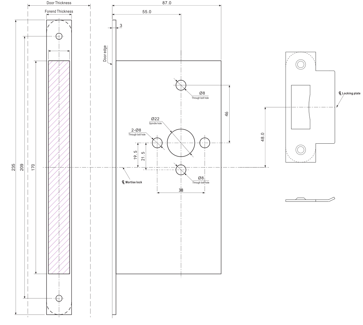 CE EN 12209 6072ZL Stainless steel latch lock body fire rated mortise passage lock with Euro profile cylinder