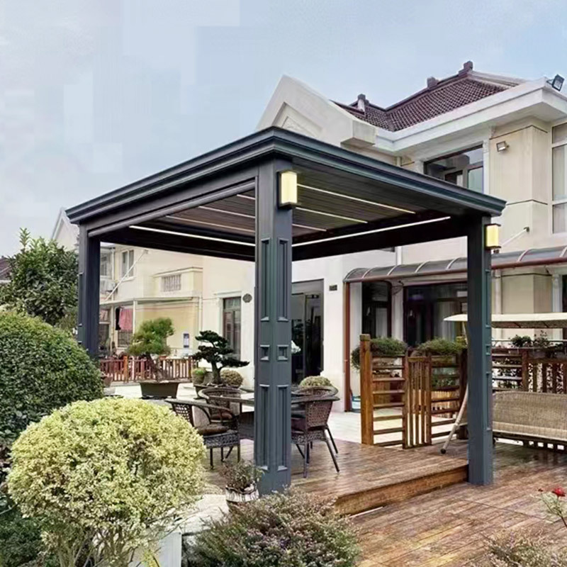 Outdoor Project Garden Building Aluminum Gazebo Motorized Roof Pergola Carport With LED Lights