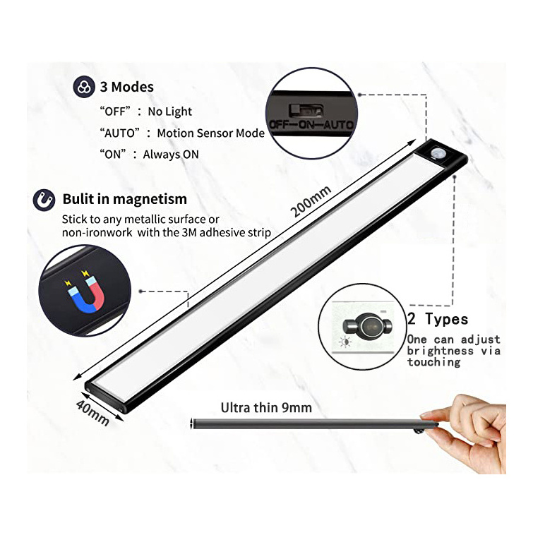 20cm 30cm 40cm 60cm 80cm Clear Luminous USB Rechargeable Dimming Ultra Thin Magnetic Wall Motion Sensor Under LED Cabinet Light