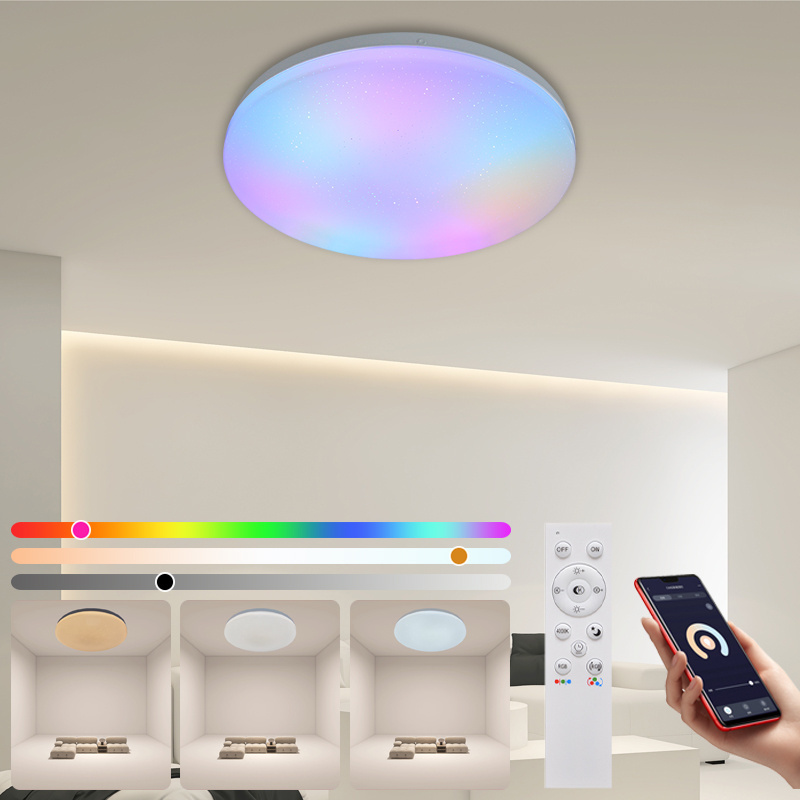 App Intelligent Colorful Flush Mount White Dimmable CCT Adjustable Modern Bedroom Fixture Lamp Remote Control Led Ceiling Light