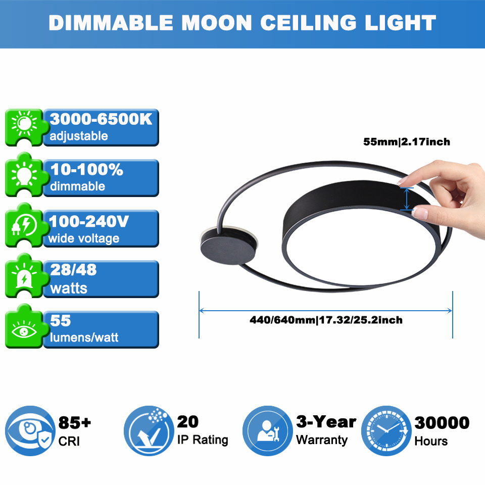 Moon Black Slim Triac Dimmable Modern Flush Mount Led Ceiling Light Living Room Kids Bedroom Acrylic Round Lamp Fixture For Home