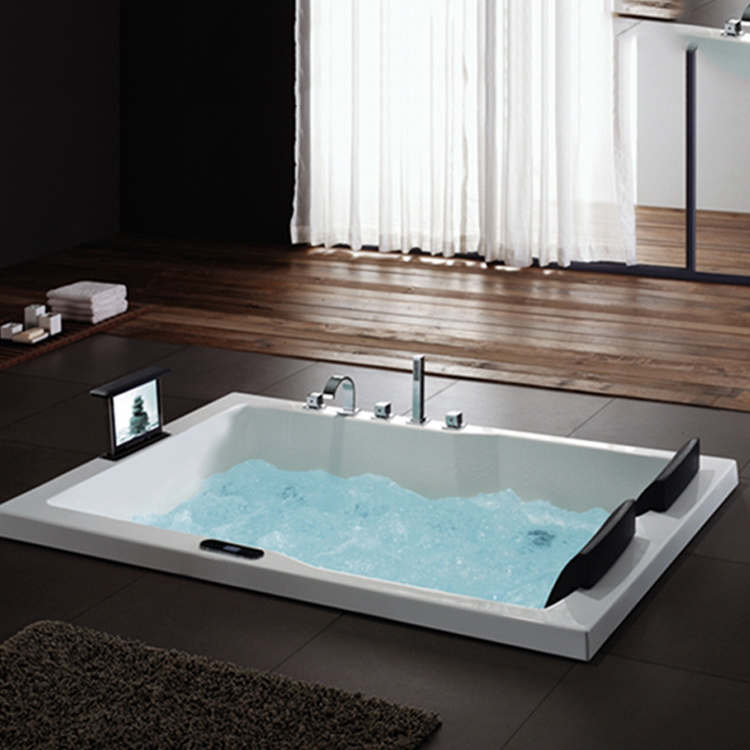 Wholesale Big Size White Acrylic Air Bathtub 2-Person Massage Tub with Underground Overflow Apron Installation for Hotels