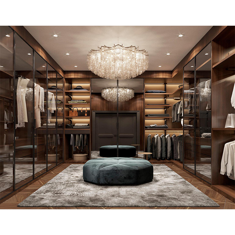 Modern home hotel dressing room walking wardrobe design custom bedroom metal frame wood walk in closet with center island