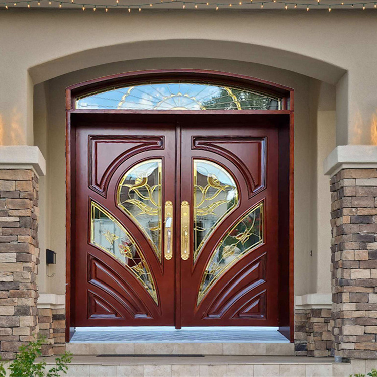 Exterior castle church circle arch top solid wooden main entrance door designs for sale