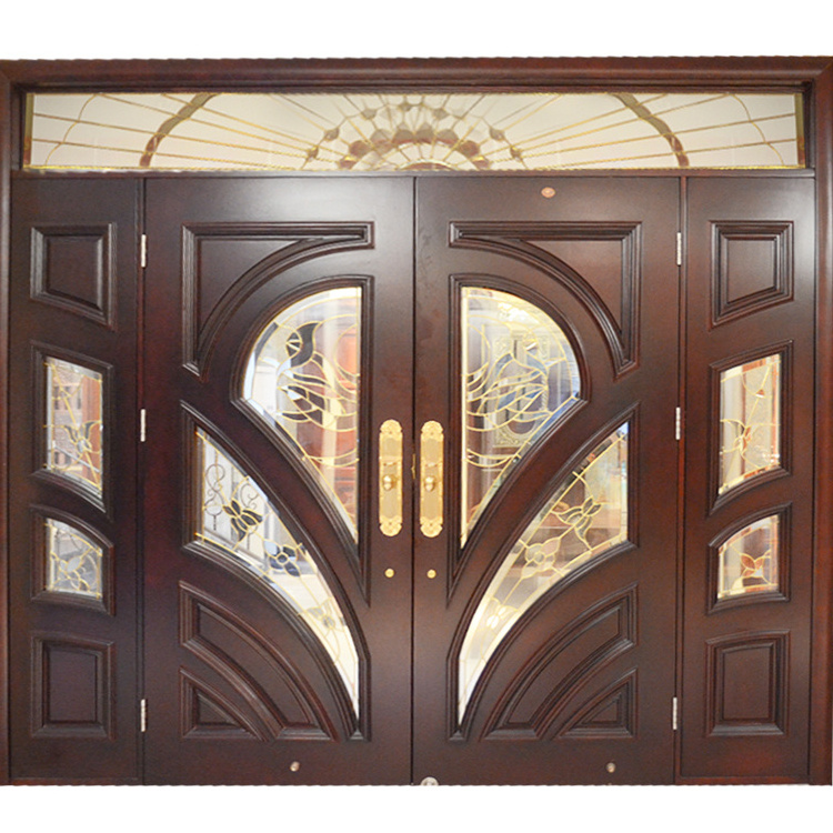 House villa modern solid core wooden front entry doors custom veneer solid wood main entrance door with fixed glass fanlight