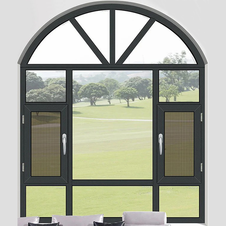 House villa large aluminium frame arched windows design exterior semi arch aluminum glass casement window