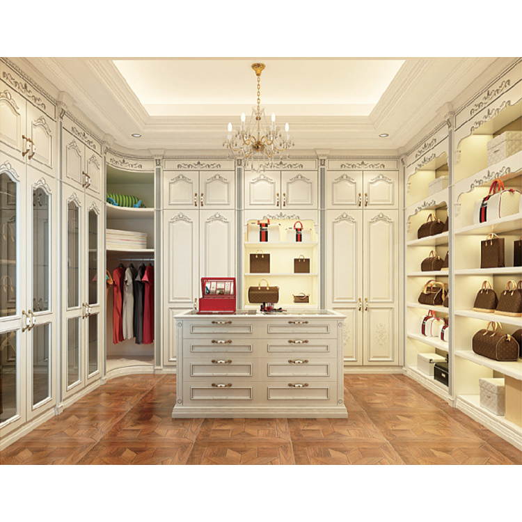 Custom luxury wall walkin wardrobe closets systems set designs modern home hotel bedroom white walk in closet with center island