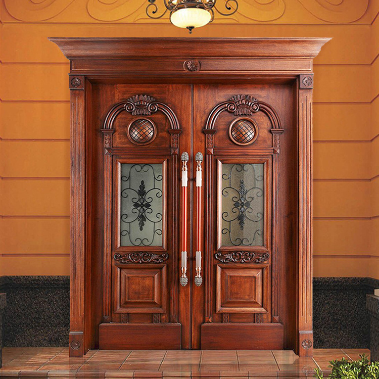 Exterior main entrance wood doors house villa outdoor double leaf composite solid wooden swing door design